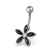 Chirurgisch stalen navelpiercing bloem zwart opaal zilverkleurig