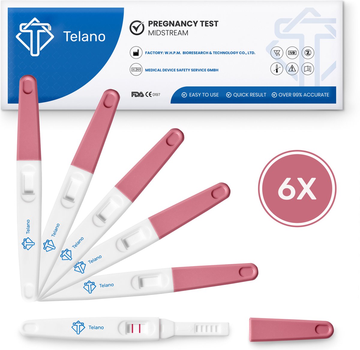 Telano Zwangerschapstest Midstream Extra Vroeg 6 stuks - Extra Gevoelig Zwangerschapstesten - Telano