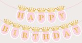Originele Slinger Happy Birthday Prinses incl goud glitter satijn lint - Letter Banner | Gouden Kroontjes | Rose – Goud - Wit | Vlag – Versiering – Banner – Guirlande | Verjaardag – Feest – Party – Birthday | Meisje – Girls - Princess - DH collection