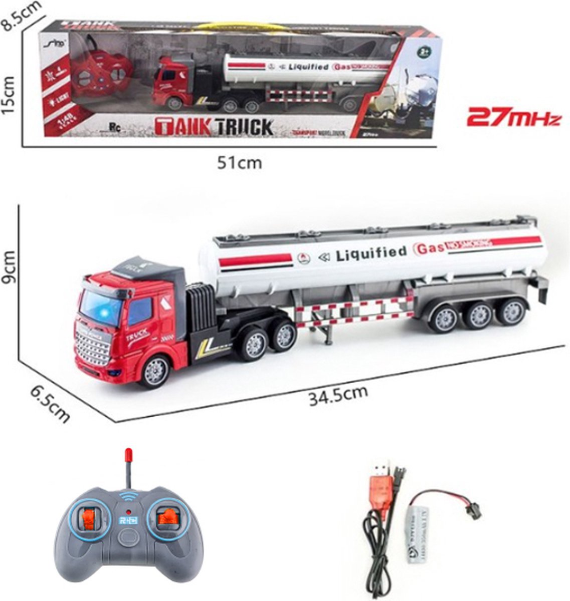 Rc Tankwagen - Oil Tank Gas Truck - 1:46 34.5CM lang - 27MHZ afstand bestuurbaar tankwagen - Oplaadbaar Accu + Usb oplader