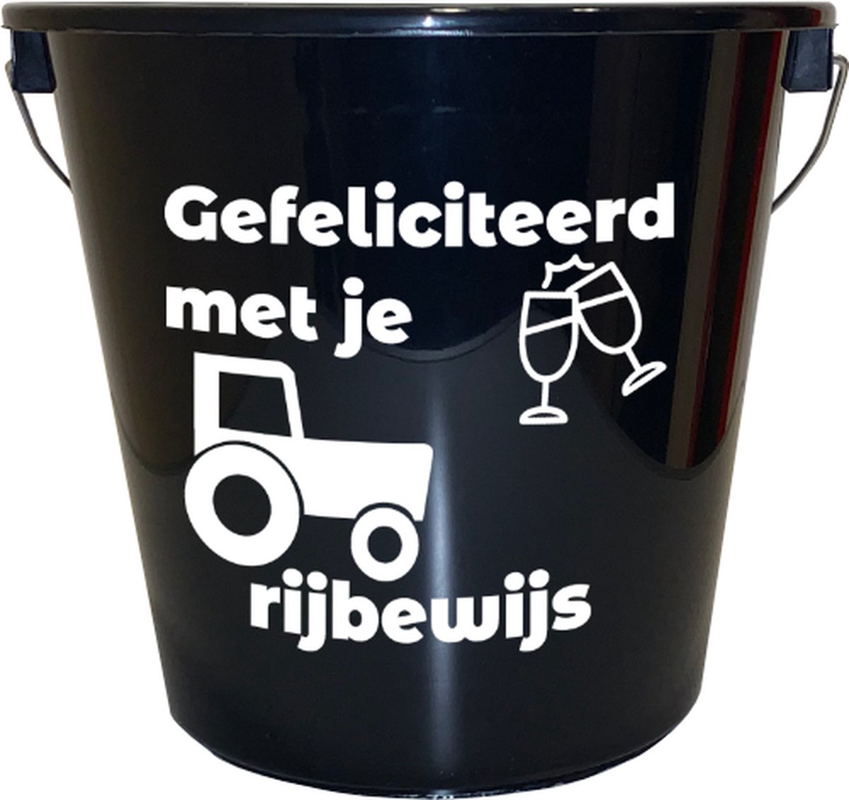 Goedkoopste Emmer - 5 liter - zwart - met tekst Gefeliciteerd met je trekkerrijbewijs – Cadeau – Geschenk – Gift – Kado – Surprise