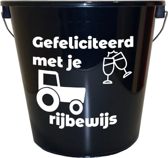 Foto: Emmer 5 liter zwart met tekst gefeliciteerd met je trekkerrijbewijs cadeau geschenk gift kado surprise