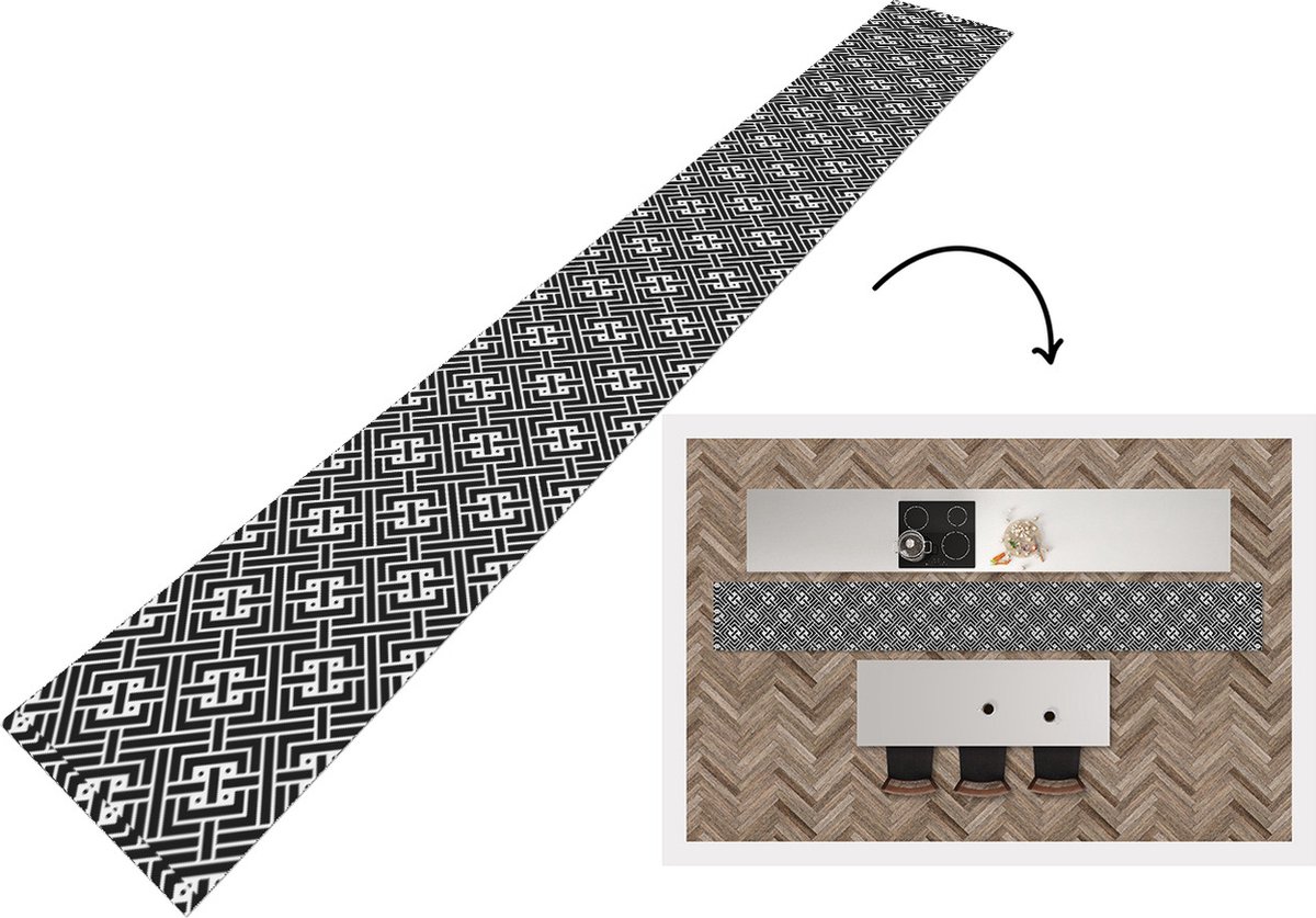 KitchenYeah Keukenloper - Keukenmat - Patronen - Zwart Wit - Doolhof - 480x60 cm - Keuken vloerkleed Zwart; Wit