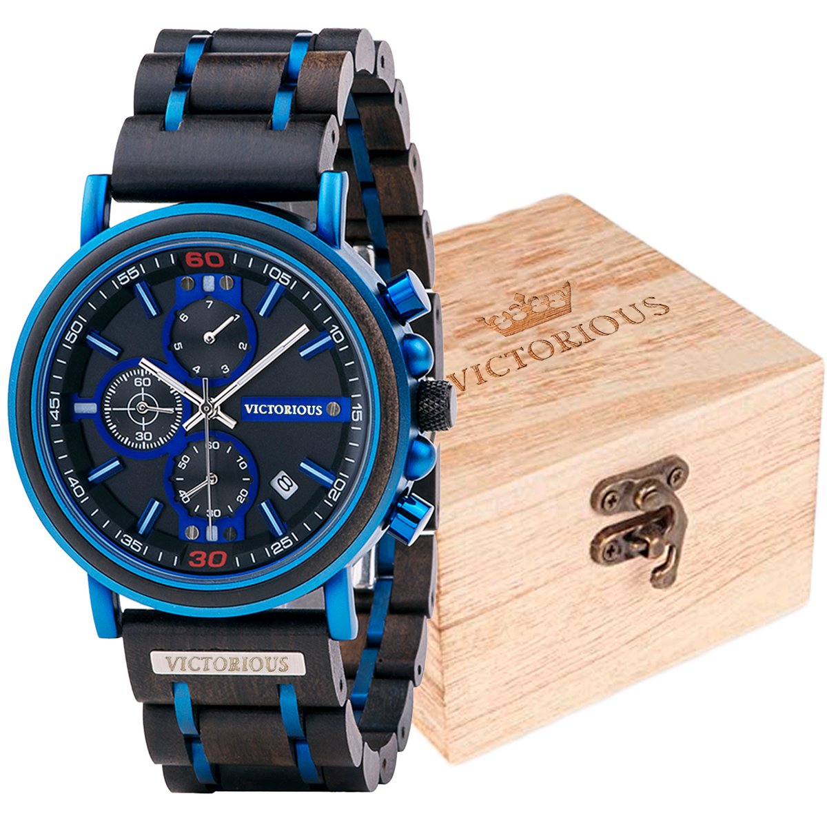 Victorious Zwart Sandelhout Met Blauw Staal Wood Collections - Heren Horloge - Ø44mm