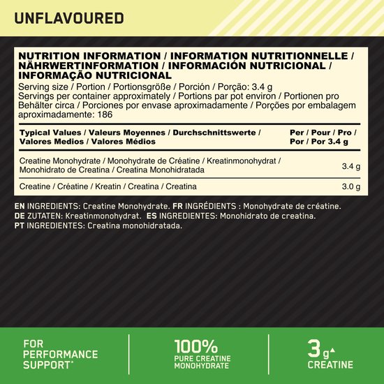 Optimum Nutrition - Creatine (Micronized) - Creatine Poeder - 634 Gram (176 doseringen) - 1 Pot
