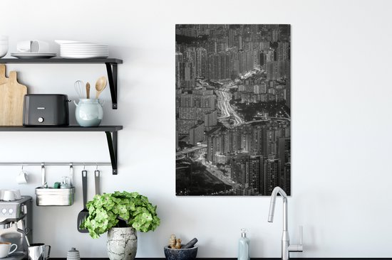 Peinture sur toile Hong Kong le soir - noir et blanc - 60x90 cm - Décoration murale