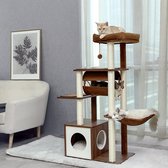 Krabpaal - Houten Toren - Voor Kat Kitten - Toren met Meerdere Niveaus - Hangmat Condo - AMT0102 - Bruin - Hoogte 127cm