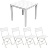 Luxiqo® 5-Delige Bistroset – Balkonset – Tuinmeubelset – Terrastafel – Tuintafel met 4 Stoelen – Kunststof – Wit