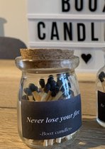 Boox candles - lucifers - quotes - cadeau - zwart - glazen potje met kurk