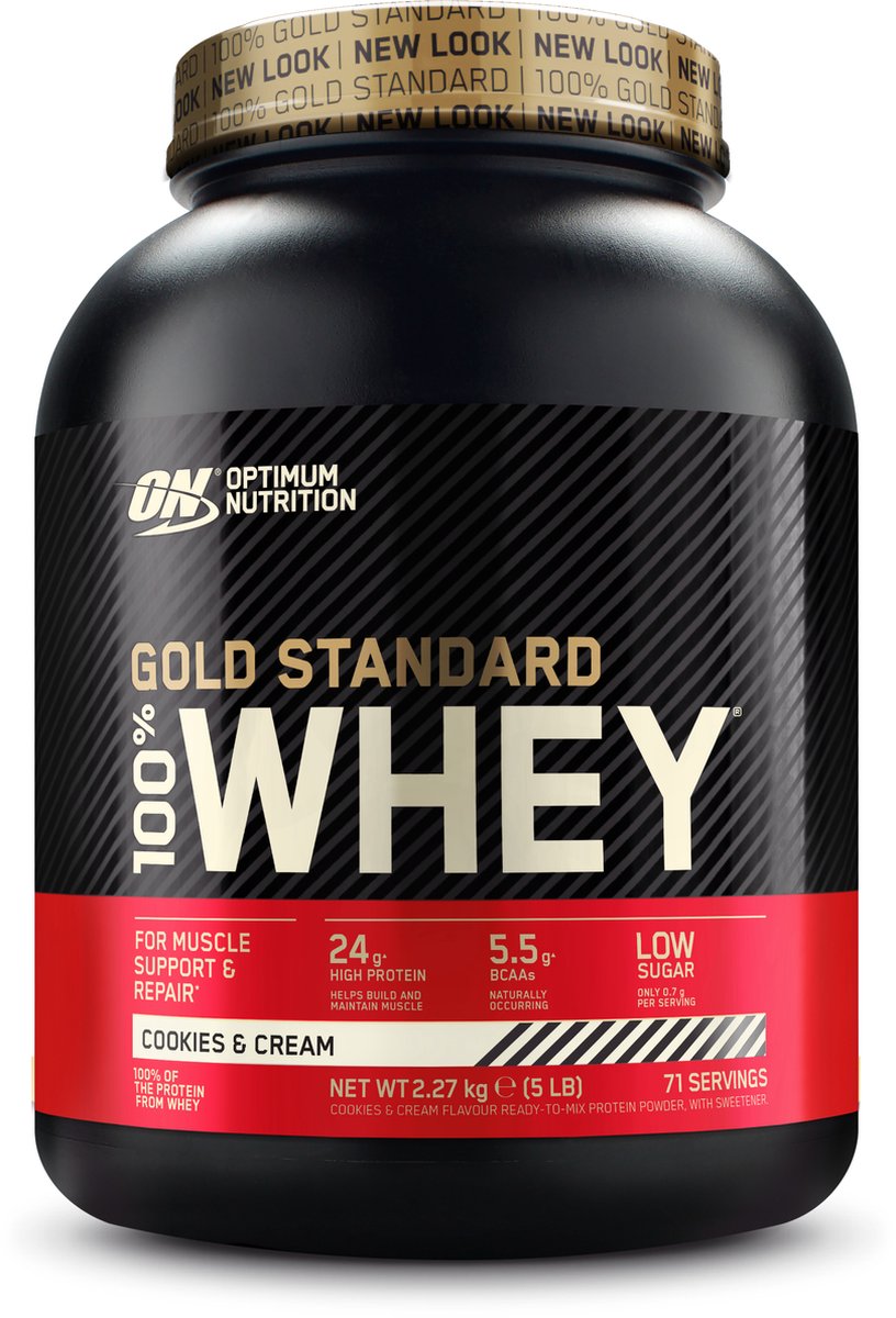 Goedkoopste Optimum Nutrition Gold Standard 100 Whey Protein - Cookies & Cream - Proteine Poeder - Eiwitshake - 71 doseringen (2270 gram