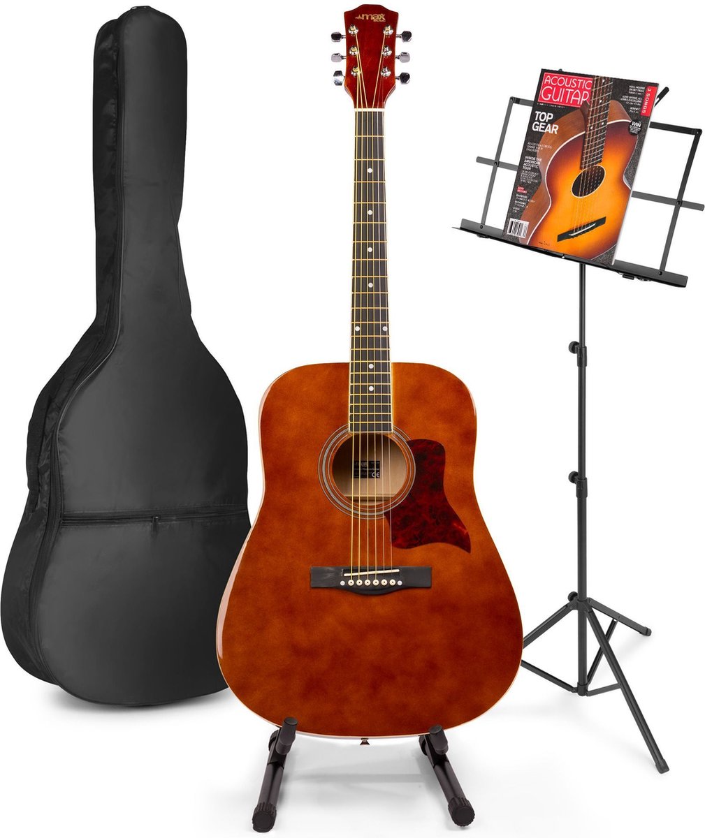Akoestische gitaar voor beginners - MAX SoloJam Western gitaar - Incl. gitaar standaard, muziekstandaard, gitaar stemapparaat, gitaartas en 2x plectrum - Bruin (hout)
