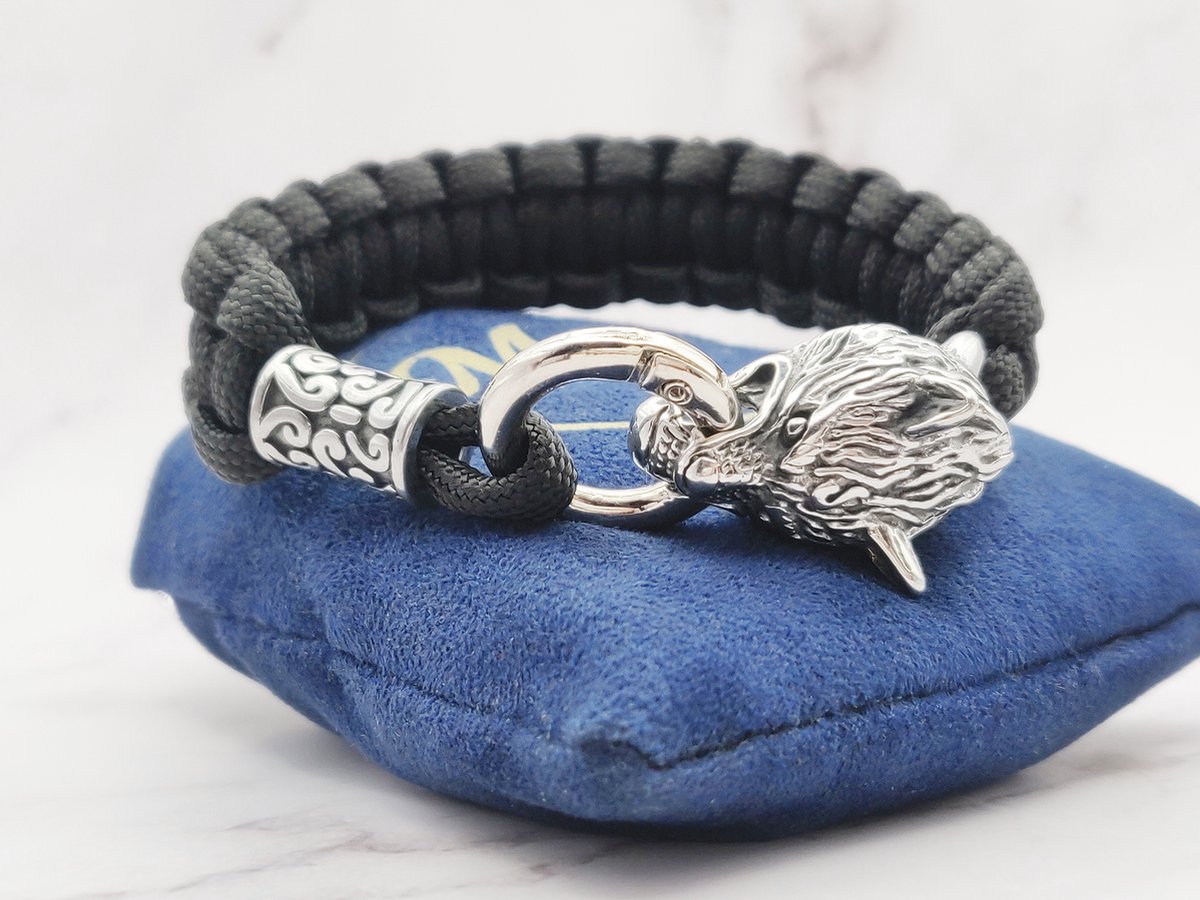 Mei's | Viking Surviving Wolf | mannen armband / Viking sieraad | Stainless Steel / 316L Roestvrij Staal / Chirurgisch Staal / Paracord | polsmaat 19,5 cm / zilver