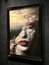 Schilderij 3D 'Sea vs Woman' op doek 80x110 - Houten lijst met spiegel bewerking, reliëf effect, handgemaakte effecten