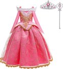 Roze prinsessenjurk met gouden kanten details, met bijpassende tiara en toverstaf.