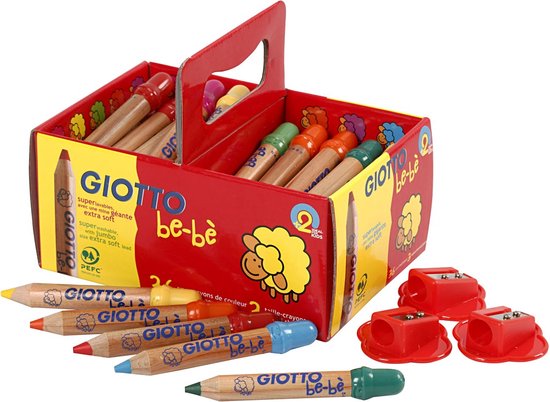 Giotto Bèbè kleurpotloden set 36 stuks, met 3 rode puntenslijpers. Potloden met gezichtjes, in rode doos met schaapjes.
