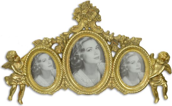 Gouden Fotolijst met 3 Frames en 2 Engelen 38,cm breed 23,4 cm hoog