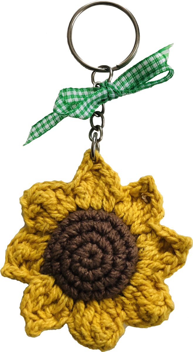 Luna-Leena duurzame zonnebloem sleutelhanger - bio katoen - geel - hand gehaakt in Nepal - tashanger - sunflower keychain - van Gogh sunflower - gehaakte bloem - kado - cadeau - decoratie - moederdag - bag charm