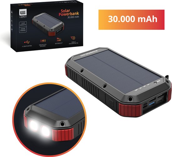 Lideka Powerbank 30000 mAh Charger - met Solar Panel Functie Op Zonneenergie - 4x USB - USB C - Wireless charge  - Outdoor - Iphone en Samsung en Apple