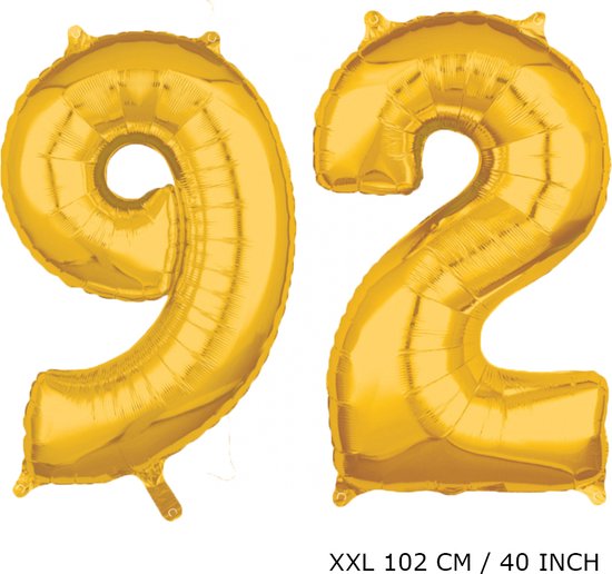 Mega grote XXL gouden folie ballon cijfer 92 jaar. Leeftijd verjaardag 92 jaar. 102 cm 40 inch. Met rietje om ballonnen mee op te blazen.