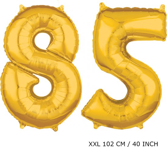 Mega grote XXL gouden folie ballon cijfer 85 jaar. Leeftijd verjaardag 85 jaar. 102 cm 40 inch. Met rietje om ballonnen mee op te blazen.