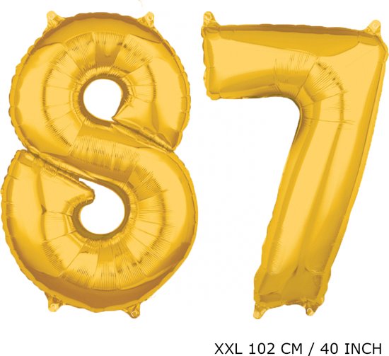 Mega grote XXL gouden folie ballon cijfer 87 jaar. Leeftijd verjaardag 87 jaar. 102 cm 40 inch. Met rietje om ballonnen mee op te blazen.