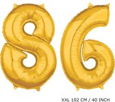 Mega grote XXL gouden folie ballon cijfer 86 jaar. Leeftijd verjaardag 86 jaar. 102 cm 40 inch. Met rietje om ballonnen mee op te blazen.