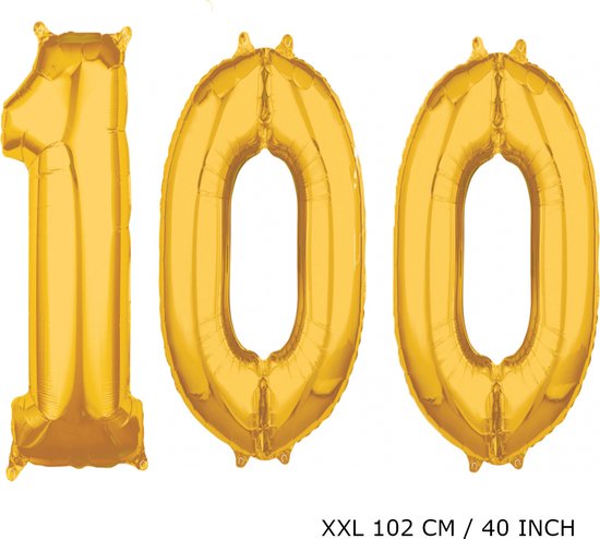 Mega grote XXL gouden folie ballon cijfer 100 jaar. Leeftijd verjaardag 100 jaar. 102 cm 40 inch. Met rietje om ballonnen mee op te blazen.
