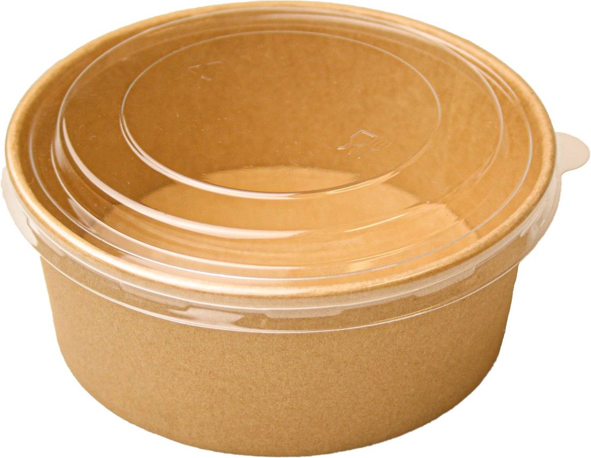 50st. Salade bowl, pokébowl, saladebak, met deksel, 750ml, 60mm hoog, 148mm diameter, bruin