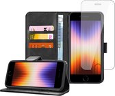 Geschikt voor iPhone SE 2022 Book Case Hoesje - Screenprotector - Flip Portemonnee Zwart met Screen Cover Tempered Glas