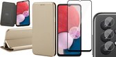 Samsung Galaxy A13 4G Hoesje - Book Case Lederen Wallet Cover Minimalistisch Pasjeshouder Hoes Goud - Full Tempered Glass Screenprotector - Camera Lens Protector
