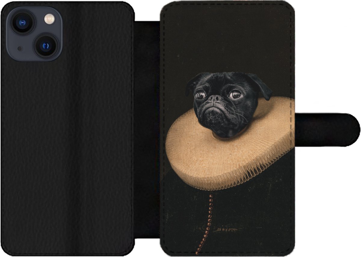 Telefoonhoesje Geschikt voor iPhone 13 telefoonhoesje - Hond - Kraag - Kunst - Met vakjes - Wallet case met magneetsluiting