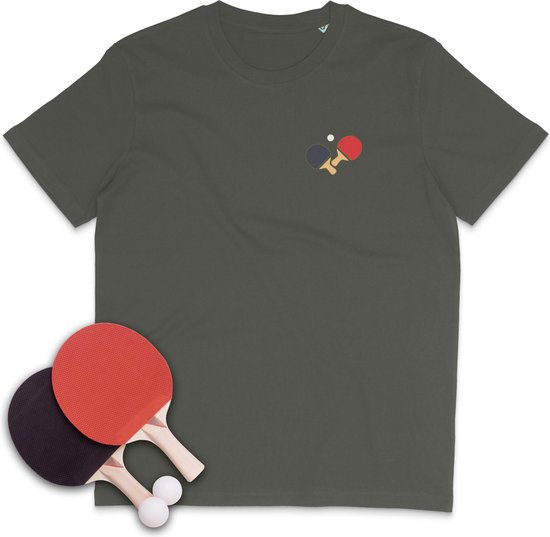 T Shirt Heren - T Shirt Dames met Tafeltennis Logo - Groen Khaki - Maat L