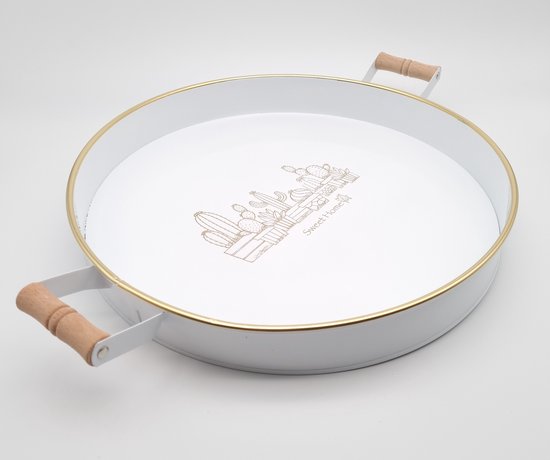 Decoratief Dienblad met handvat – Serveerschaal – RVS - Wit – Ø 37cm