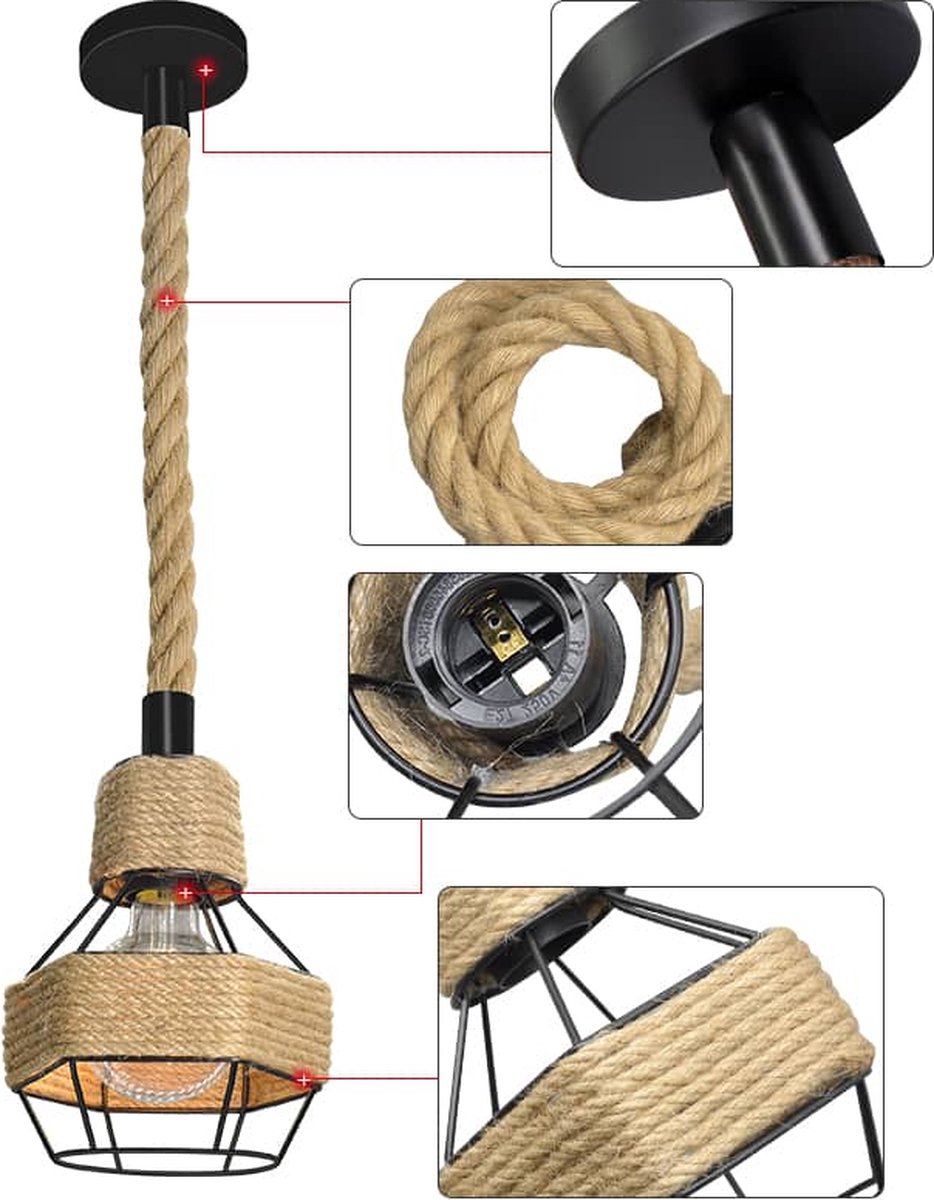 Plafondlamp touw/metaal - Industriële lamp - Lamp voor woonkamer - Zwarte lamp