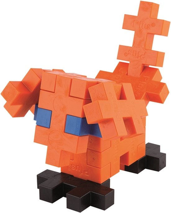 Een oranje Plus-Plus wezen met blauwe ogen en zwarte voeten.