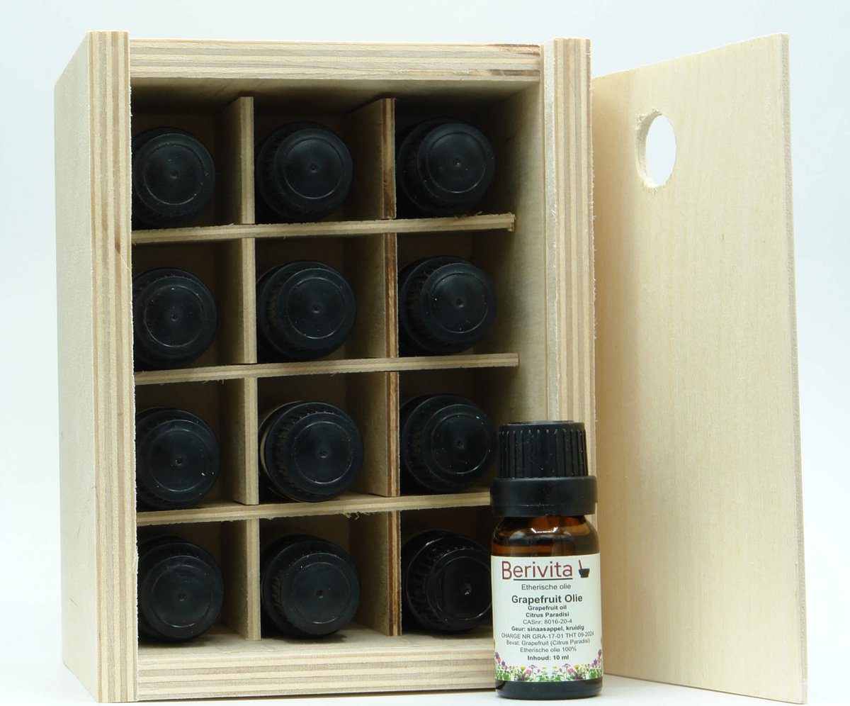 Goedkoopste 12x 10ml Etherische Oliën met Stevige Houten Opbergkist - 100 Zuiver en Puur - Voordeelpakket Essentiële Olie