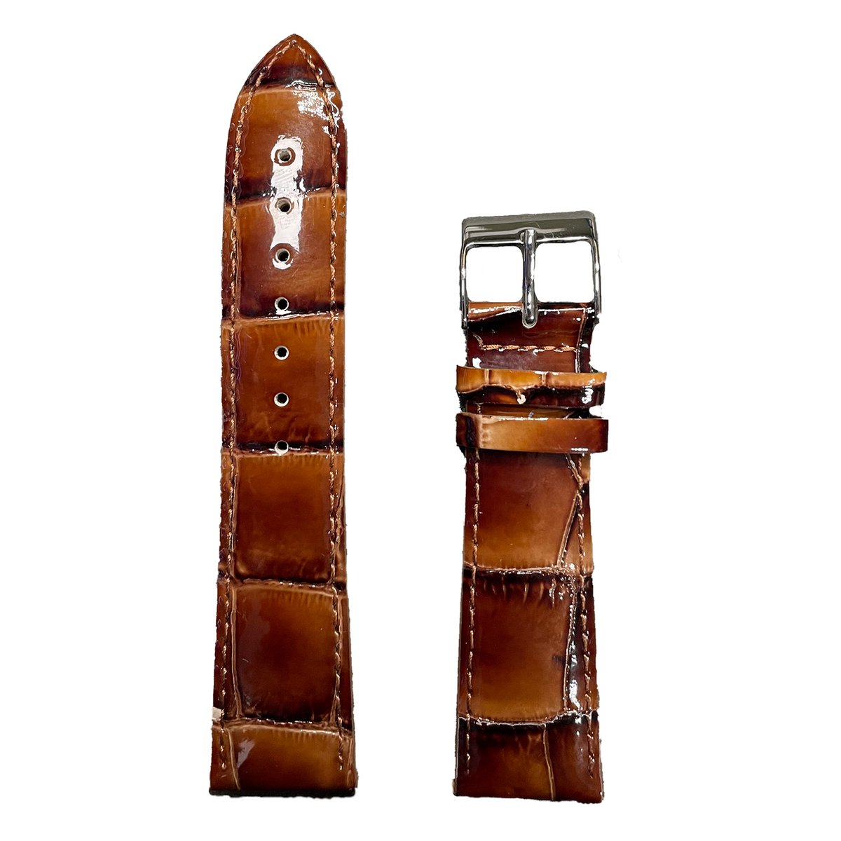 Horlogeband - 22mm - Glans Cognac - Echt leer in croco print - Roestvrijstalen gesp