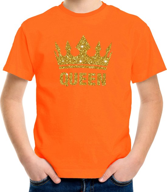 Oranje Queen gouden glitter kroon - t-shirt kinderen - Oranje Koningsdag kleding 110/116