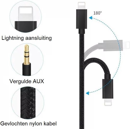 Aux Kabel Auto geschikt voor iPhone - Headphone Jack Audio Aux Kabel - 3,5 mm - 1 Meter - Zwart gevlochten - ThunderGold