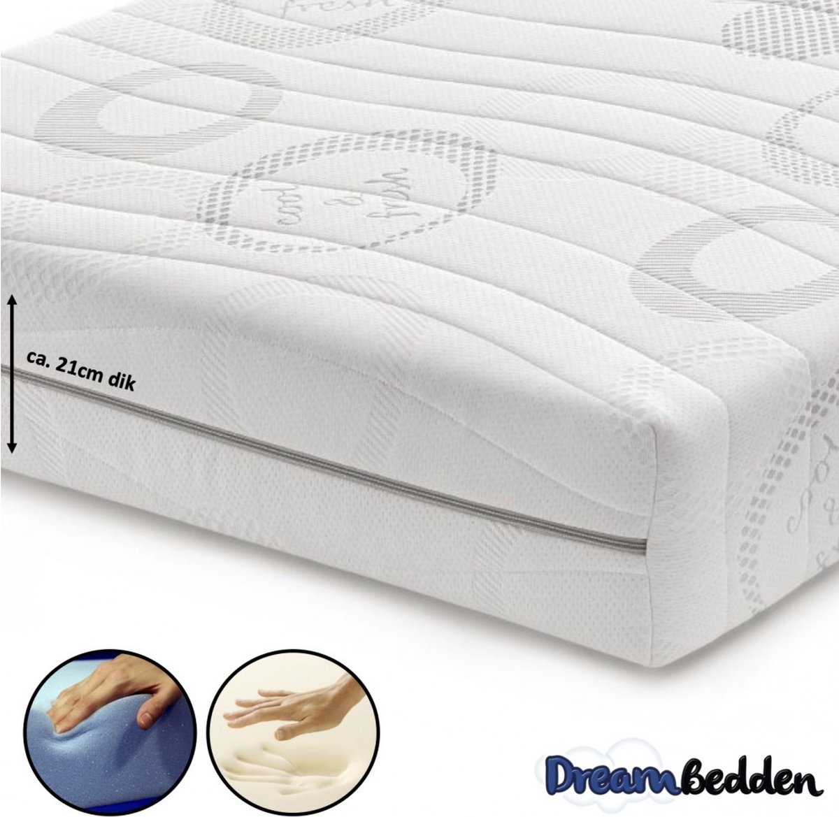 dreambedden Matras 130x220 - 2-zijdig - Nasa Traagschuim - HR50 Koudschuim - Cool & Fresh - ca. 21cm dik wit