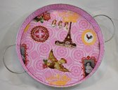 Zink dienblad, serveerplateau met afbeeldingen "Parijs"  Ø 35 x hoog 4 cm, Roze