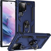 Stevige Magnetische Anti shock ring back cover case Geschikt voor Samsung Galaxy S22 Ultra- schokbestendig-TPU met stand – Blauw