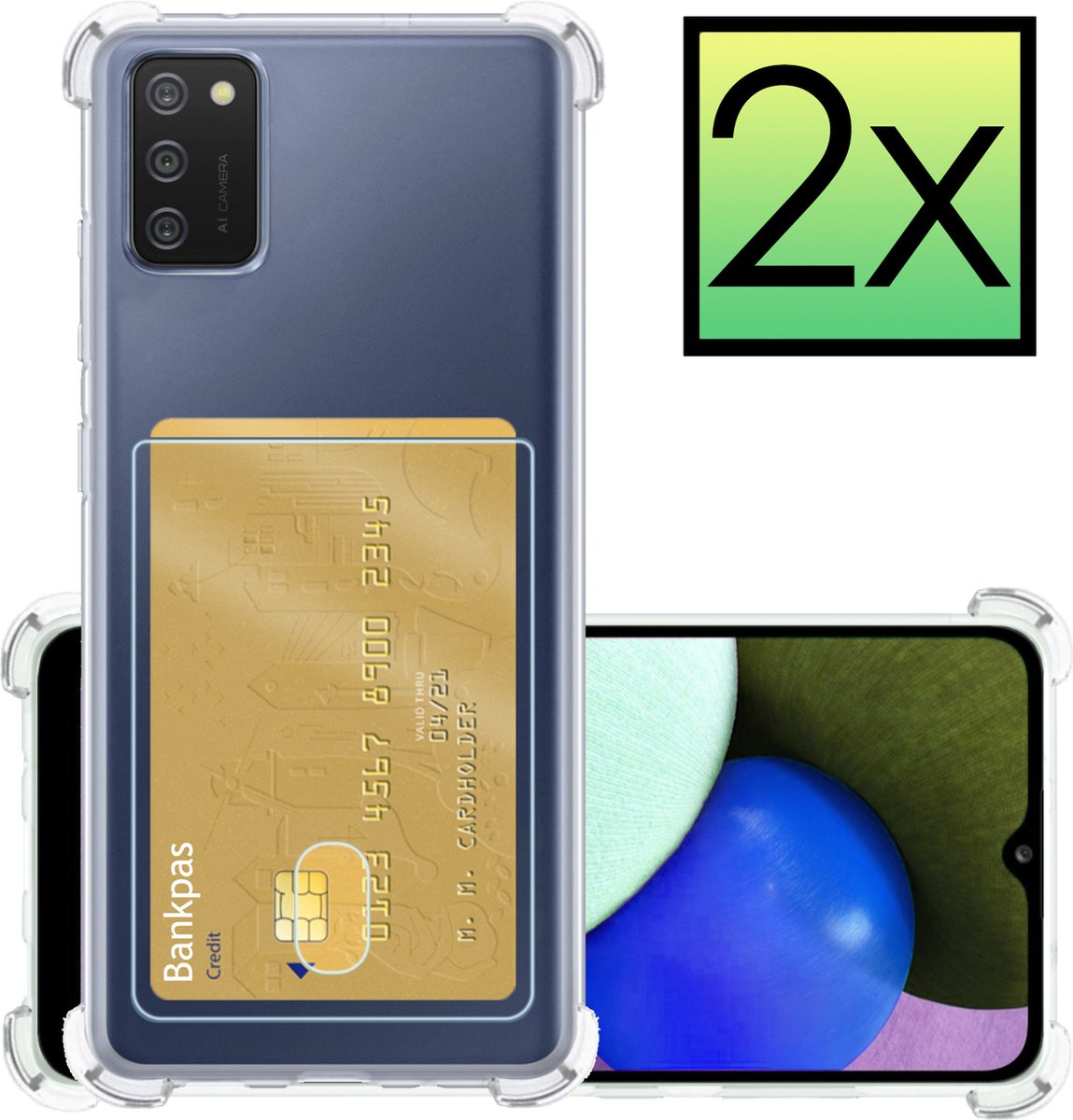 Hoesje - 2 Stuks - Geschikt voor Samsung Galaxy A03s - Met Pashouder en Kaarthouder - Telefoon Hoes Shockproof - Siliconen Case - Back Cover - Shock Proof - Pasjes Houder - Transparant