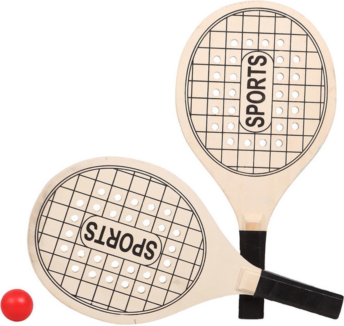 Houtkleurige beachball set met tennisracketprint buitenspeelgoed - Houten beachballset - Rackets/batjes en bal - Tennis ballenspel