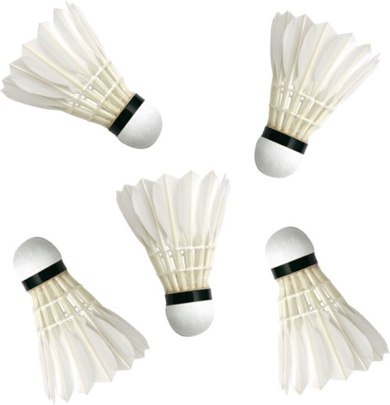 Vijf witte badminton shuttles met zwarte band om de basis.