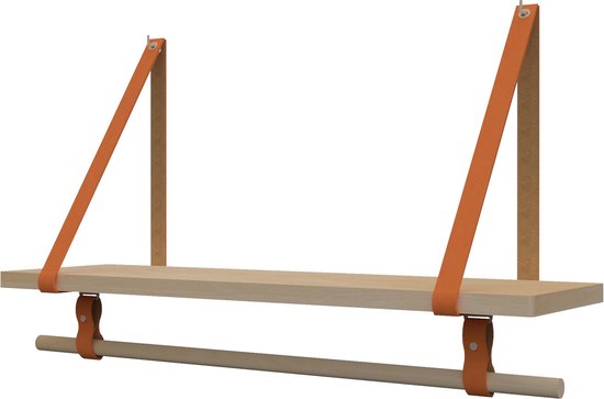 Plankje Roe 98cm - Handles and more® | ORANJE (Complete set: leren plankdragers + plank eikenhout + roede)