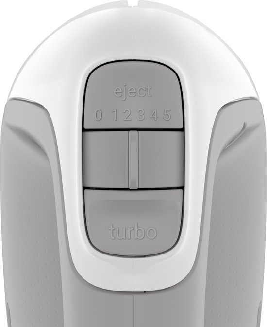 Witte handmixer met grijze bedieningsknoppen voor eject, snelheden 0-5 en turbo.