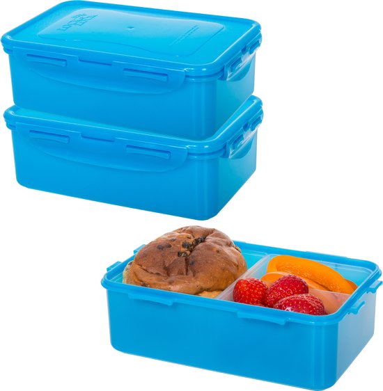Lock&Lock Lunchbox - Boîte à bento - Boîtes à goûter - Boîte à goûter avec séparateurs - Set de 3 pièces - Enfants - Étanche - 1 litre - Blauw