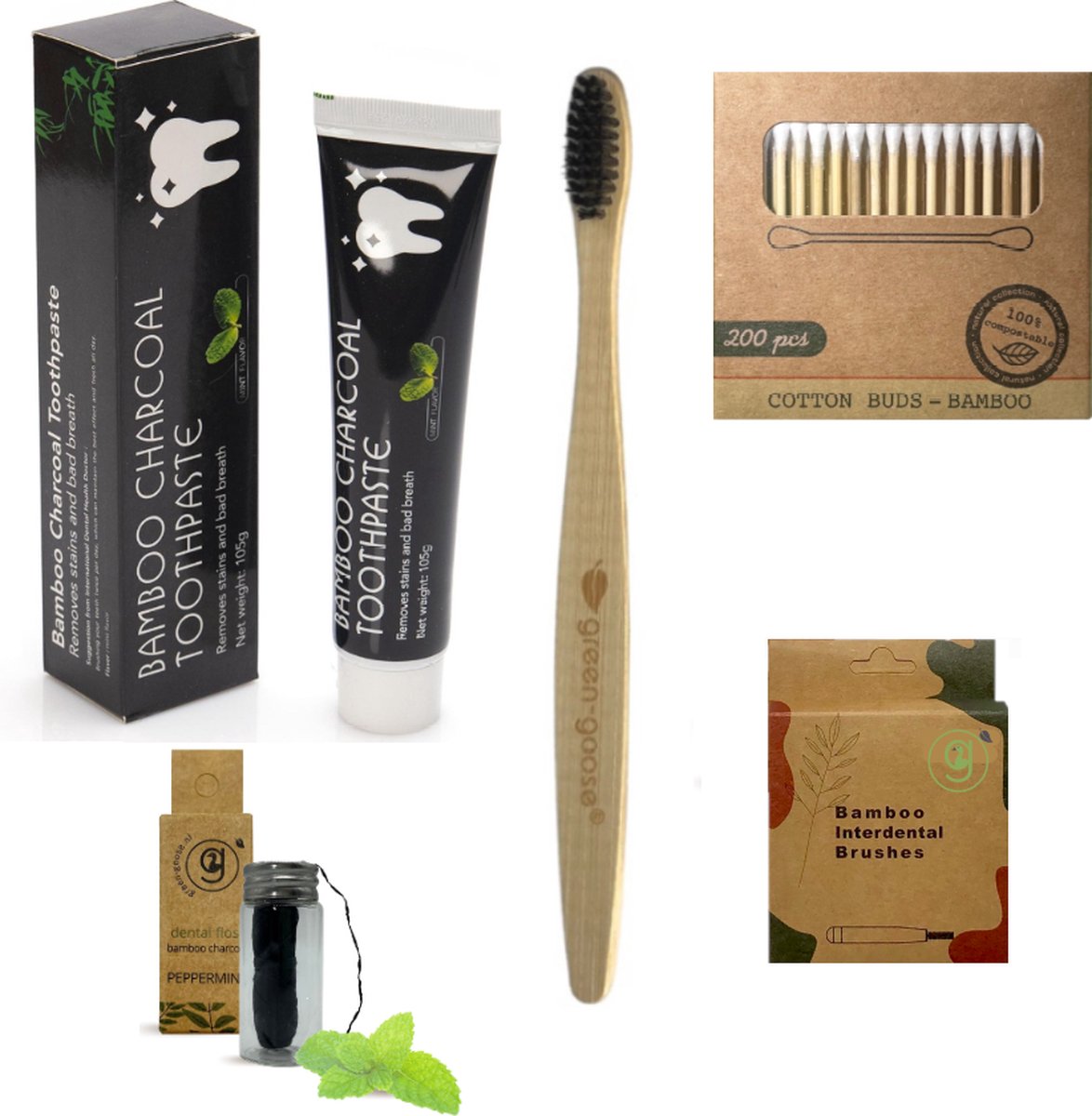 Houtskool Bamboe Verzorgingspakket Tand | Tandpasta | Tandenborstel | 6 Ragers | 100 Wattenstaafjes | Flosdraad | Duurzaam | Zero Waste | Milieuvriendelijk