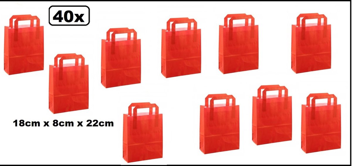40x Tas platte handgreep papier rood 18cmx8cmx22cm - goodiebag|papieren|draagtas|tas|koord|festival|kado|themafeest|party|geschenken